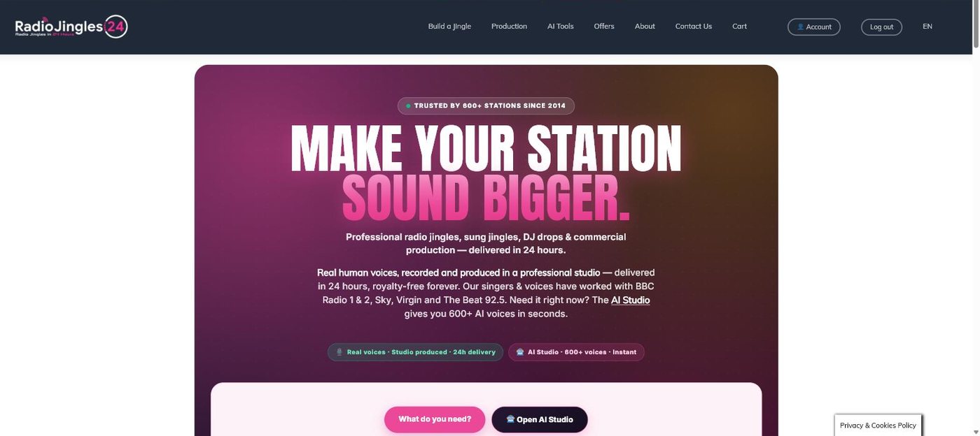 The Radio Jingles 24 website: a headline reading Make your station sound bigger, above a badge saying trusted by 600 plus stations since 2014